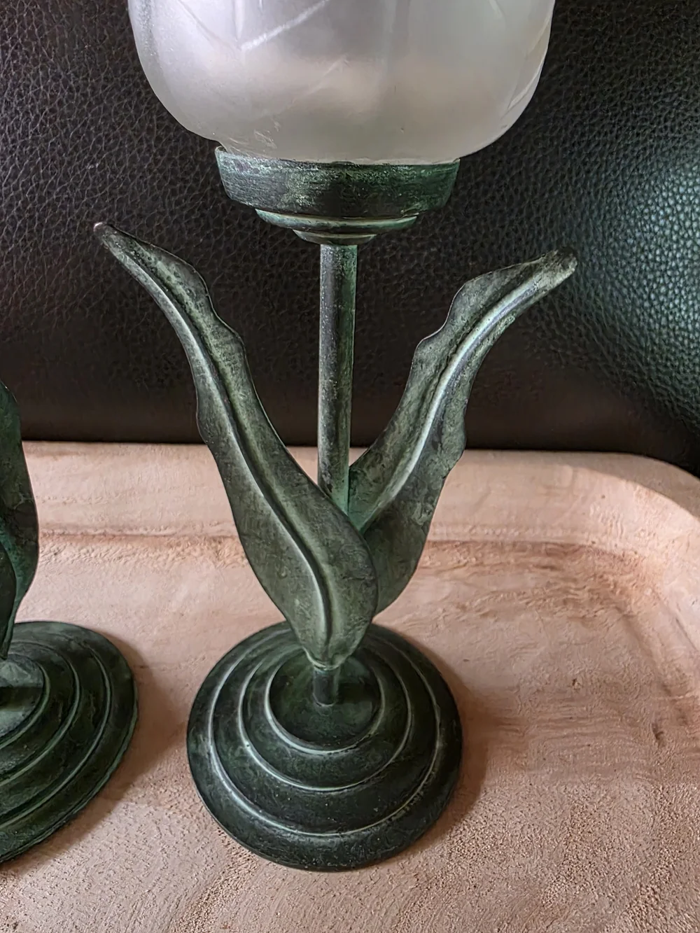 Glass Tulip Candle Holders in Frosted White and Patina Green - Home Accents